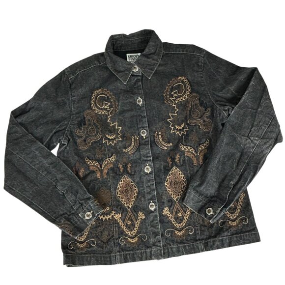 Chico's Black Denim Jacket XS 0 Embroidered Beaded Cropped Boho Western Vintage - Picture 5 of 16